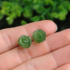 Natural Green Jade Stone Flower Stud Earrings Crystal Silver Post Earrings